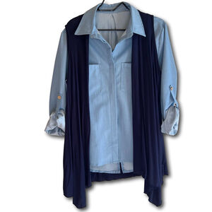 Woman’s Collard Button Up With Flowing Vest Rolled Up Sleeves Blue X-Large